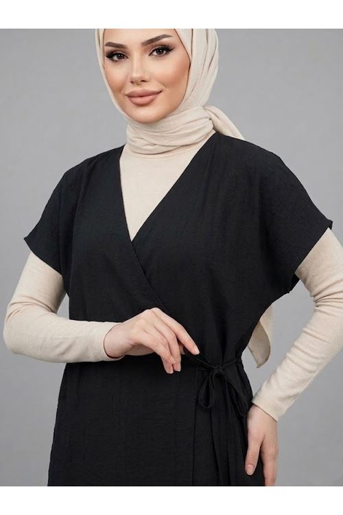 PİT00518-SYH Yan Bağlamalı Yelekli Takım-Siyah