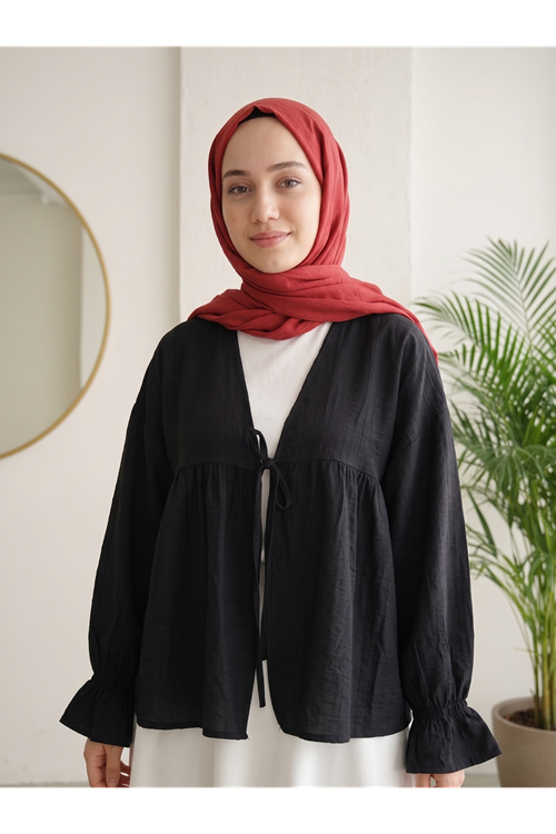 TUN05982-SYH Roba Büzgülü Kol Lastik Tunik-Siyah