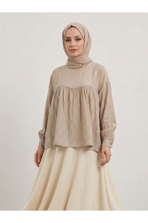 TUN05981-VİZ Manşet Detay Büzgülü Tunik-Vizon