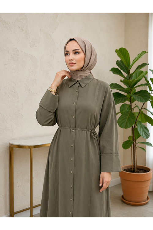 TUN05984-HKİ Ön Nevrür Detay  Uzun Tunik-Haki