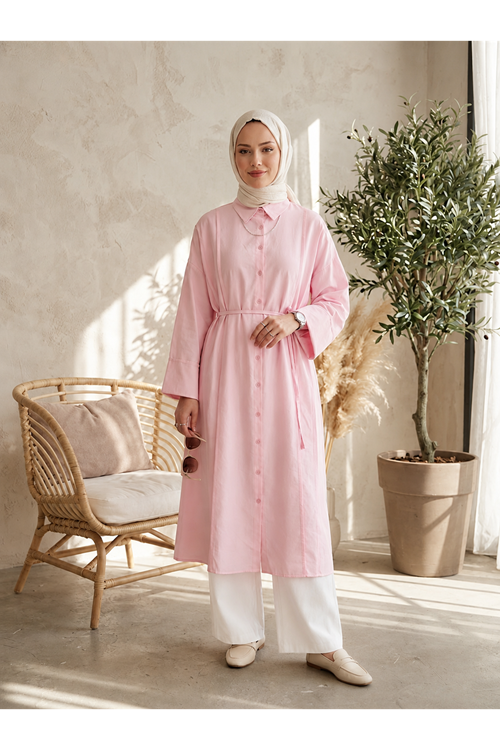 TUN05984-PMB Ön Nevrür Detay  Uzun Tunik-Pembe
