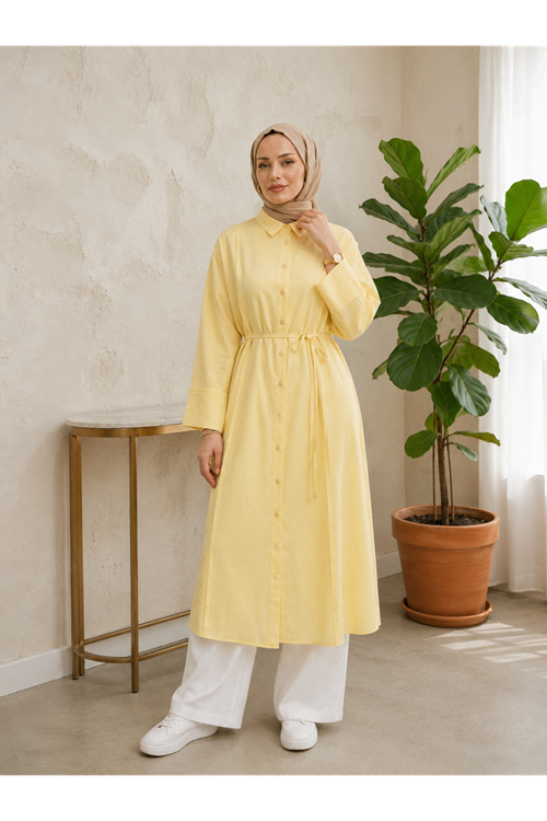 TUN05984-SRI Ön Nevrür Detay  Uzun Tunik-Sarı