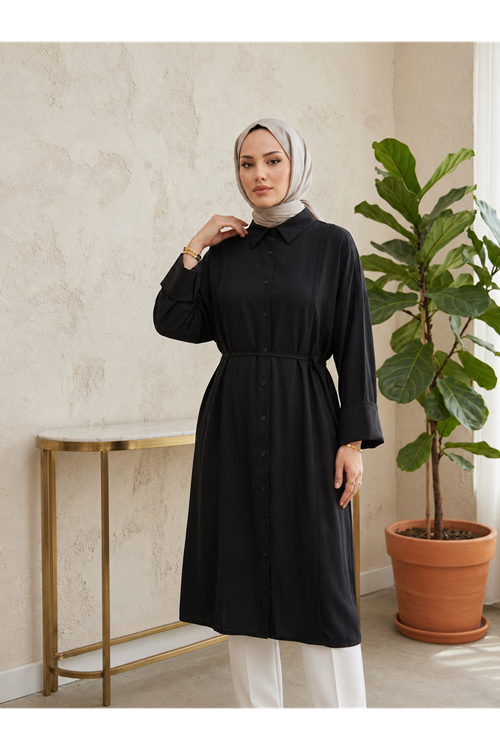 TUN05984-SYH Ön Nevrür Detay  Uzun Tunik-Siyah