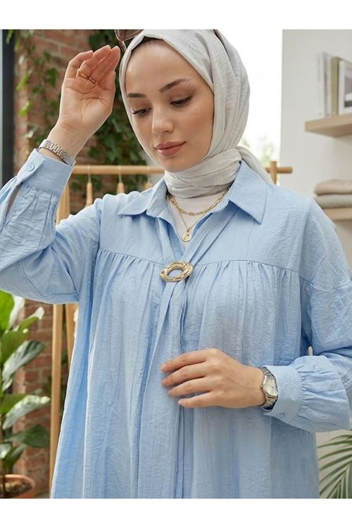 TUN05978-MAV Büzgülü Manşetli Kuşak Toka Detay Tunik-Mavi
