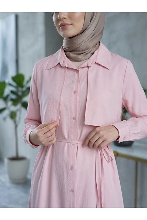 ELB04149-PMB Aller Detay Patlı Elbise-Pembe