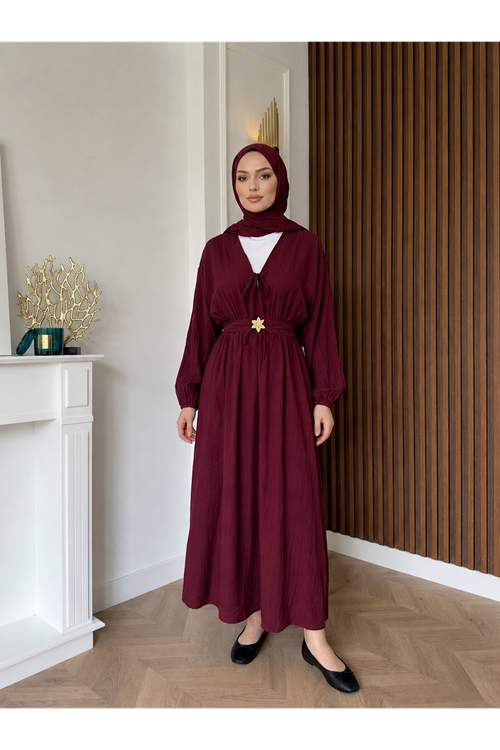 ELB04150-BRD Kuşak Aksesuar Detay BAĞLAMALI eLBİSE-Bordo