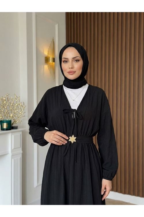 ELB04150-SYH Kuşak Aksesuar Detay BAĞLAMALI eLBİSE-Siyah