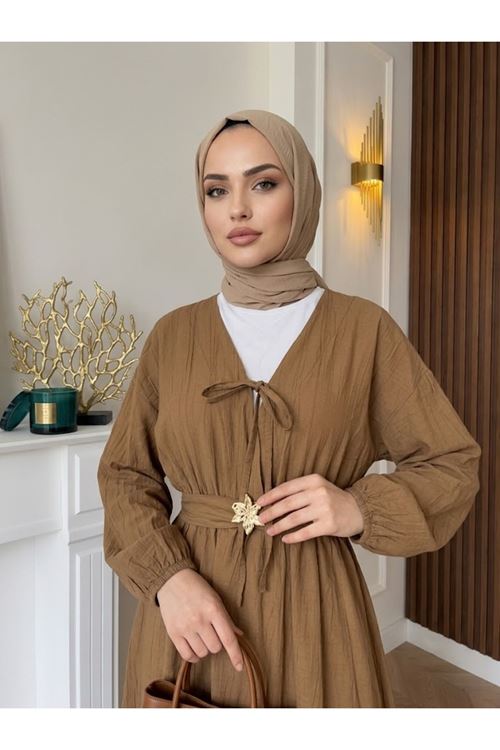 ELB04150-TAB Kuşak Aksesuar Detay BAĞLAMALI eLBİSE-Taba