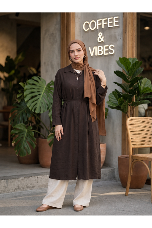TUN05971-KHV Yarasa Kol Uzun Tunik-Kahve