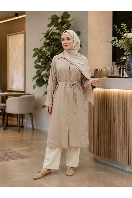 TUN05971-VİZ Yarasa Kol Uzun Tunik-Vizon