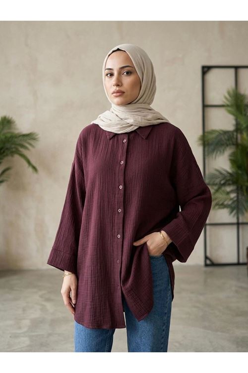 TUN05988-BRD Duble Kol Müslin Gömlek-Bordo