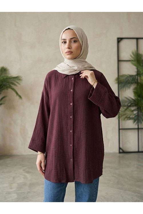 TUN05988-BRD Duble Kol Müslin Gömlek-Bordo