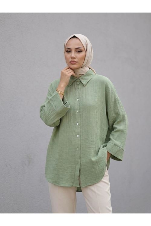 TUN05988-MNT Duble Kol Müslin Gömlek-Mint