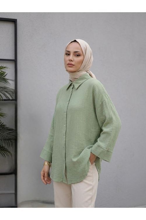 TUN05988-MNT Duble Kol Müslin Gömlek-Mint
