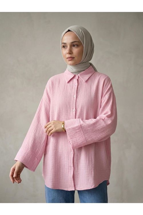 TUN05988-PMB Duble Kol Müslin Gömlek-Pembe