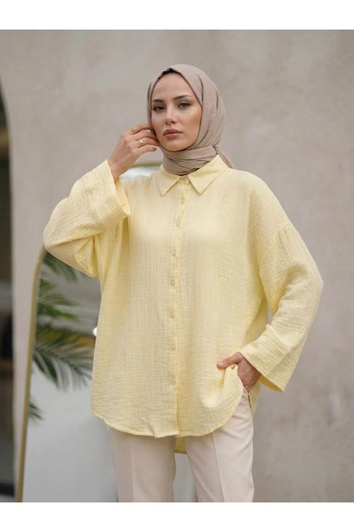 TUN05988-SRI Duble Kol Müslin Gömlek-Sarı