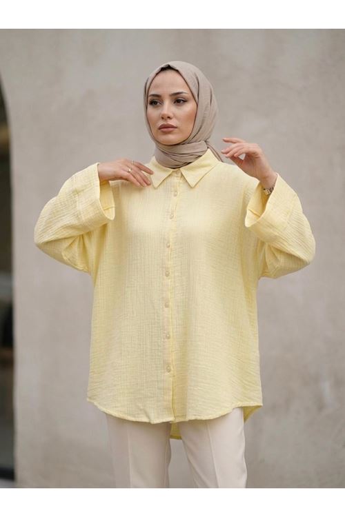 TUN05988-SRI Duble Kol Müslin Gömlek-Sarı