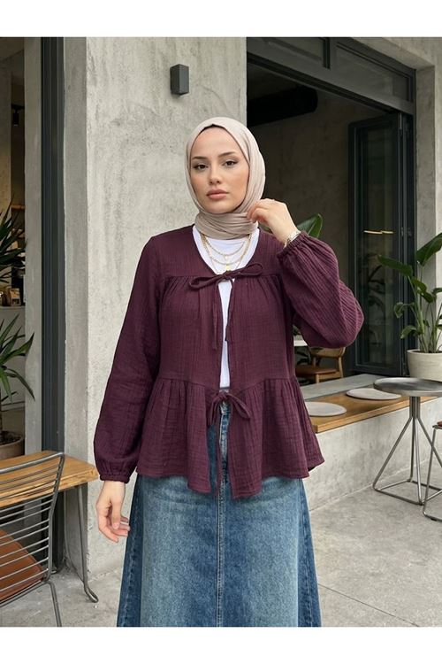 TUN05987-BRD İki Bağlamalı Müslin Tunik-Bordo