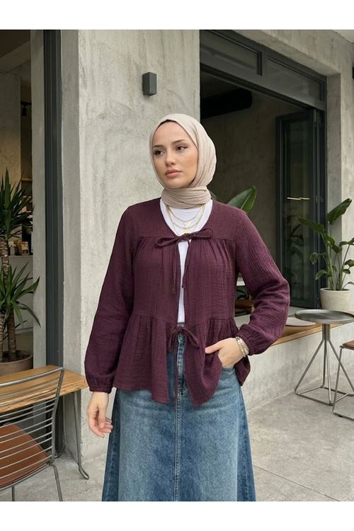 TUN05987-BRD İki Bağlamalı Müslin Tunik-Bordo