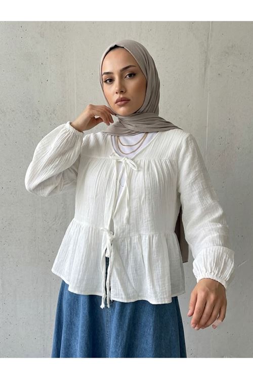 TUN05987-EKR İki Bağlamalı Müslin Tunik-Ekru