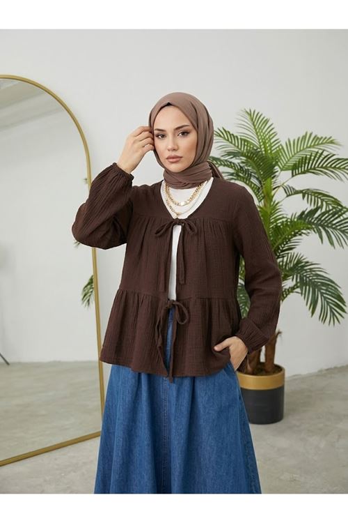 TUN05987-KHV İki Bağlamalı Müslin Tunik-Kahve