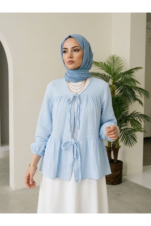 TUN05987-MAV İki Bağlamalı Müslin Tunik-Mavi