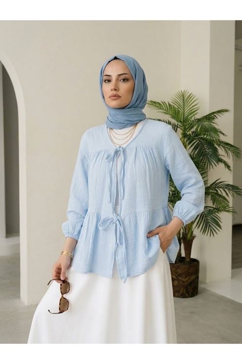TUN05987-MAV İki Bağlamalı Müslin Tunik-Mavi
