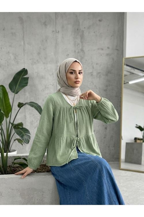 TUN05987-MNT İki Bağlamalı Müslin Tunik-Mint