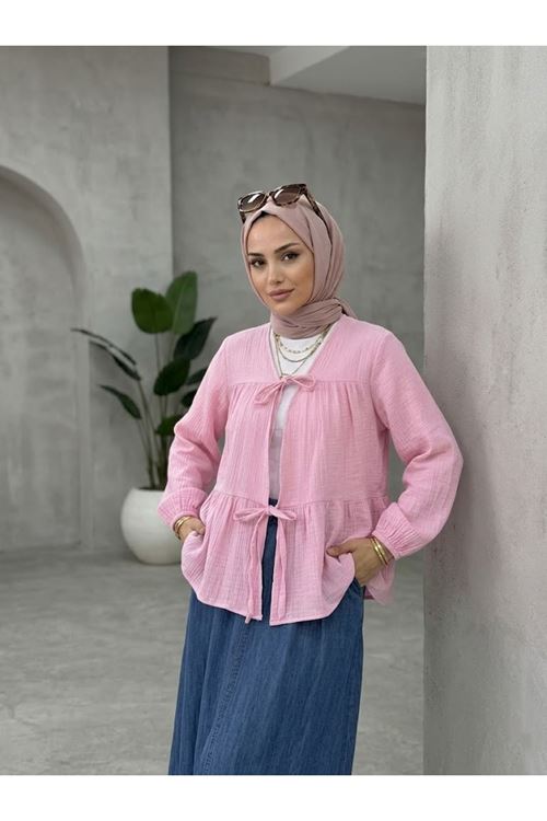 TUN05987-PMB İki Bağlamalı Müslin Tunik-Pembe