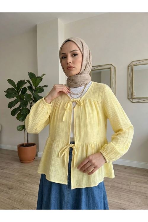 TUN05987-SRI İki Bağlamalı Müslin Tunik-Sarı