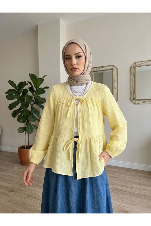TUN05987-SRI İki Bağlamalı Müslin Tunik-Sarı