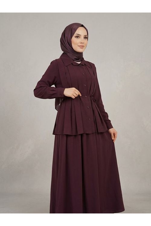 EİT00123-BRD Ön Pilikaşe Etekli Takım-Bordo