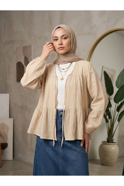 TUN05987-BEJ İki Bağlamalı Müslin Tunik-Bej