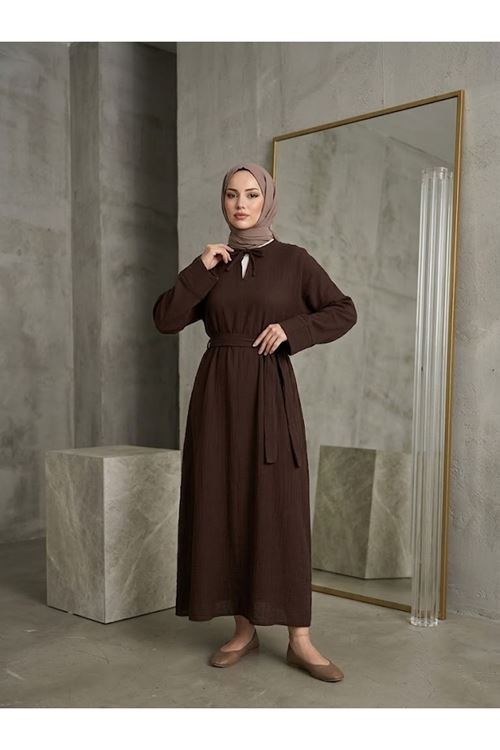 ELB04155-KHV Yarasa Elbise-Kahve