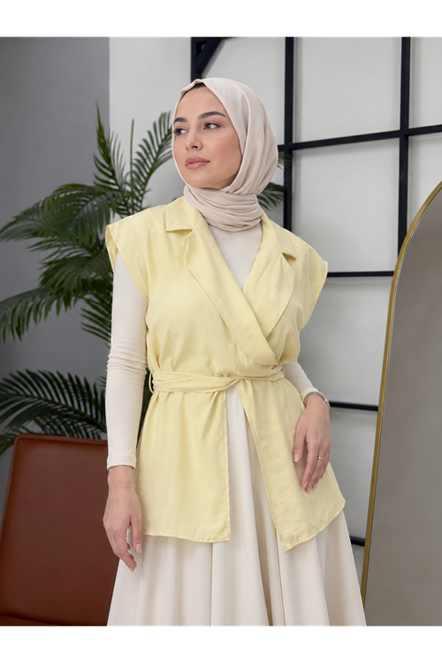 YEL00882-SRI Yaka Bağlamalı Yelek-Sarı
