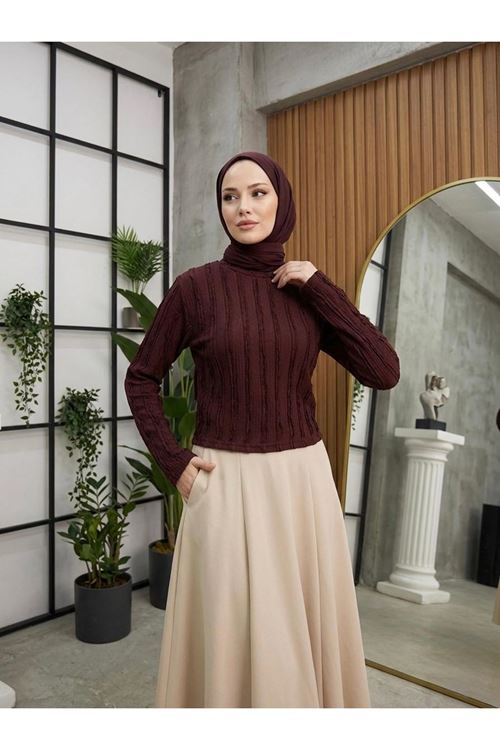 BLU03012-BRD Bisiklet Yaka Fırfır Bluz-Bordo
