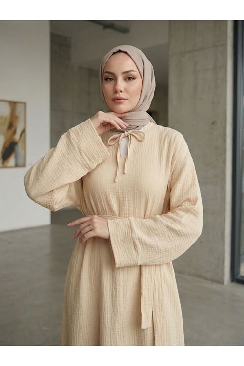ELB04155-BEJ Yarasa Elbise-Bej