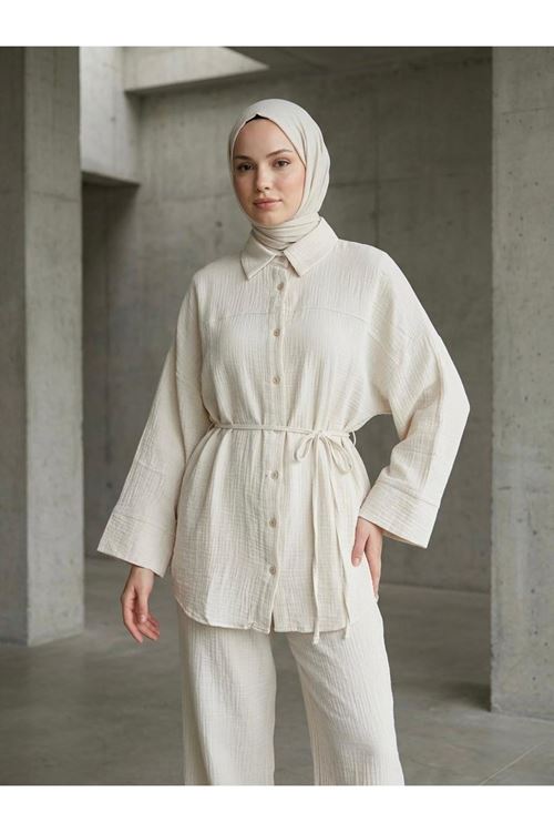 PİT00520-TAŞ Roba Detay Müslin Pantolonlu Takım-Taş