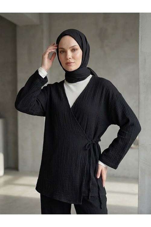 PİT00521-SYH Yan Bağlamalı Müslin Takım-Siyah