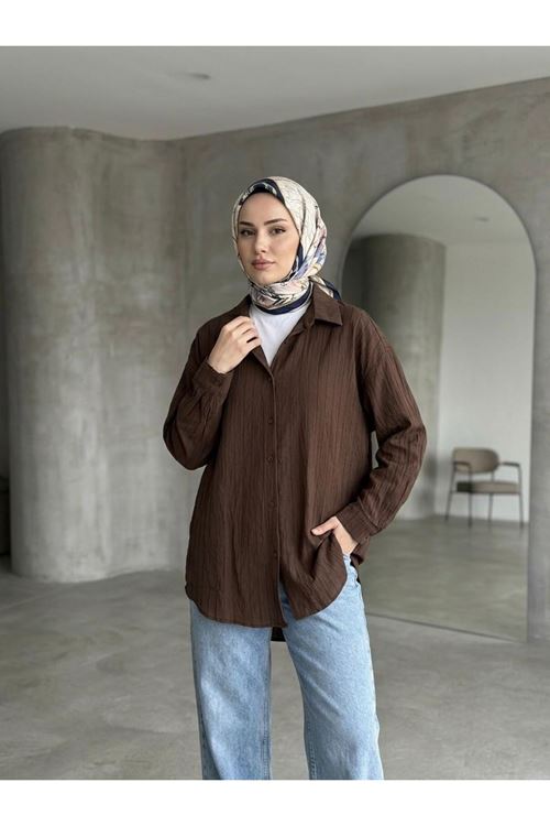 TUN05952-KHV Kendinden Çizgili Tunik-Kahve