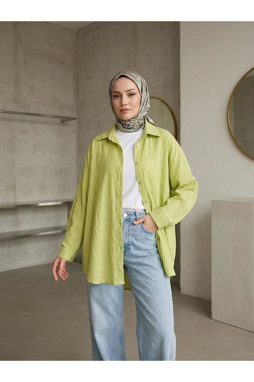 TUN05952-69 Kendinden Çizgili Tunik-YAĞ YEŞİLİ