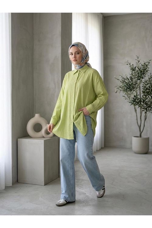 TUN05952-69 Kendinden Çizgili Tunik-YAĞ YEŞİLİ