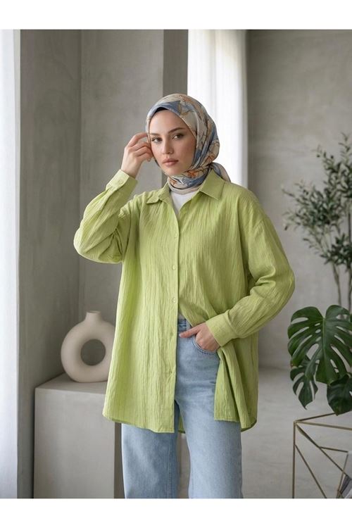 TUN05952-69 Kendinden Çizgili Tunik-YAĞ YEŞİLİ