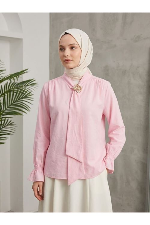 TUN05986-PMB Yaka Kuşak Aksesuar Detay Tunik-Pembe