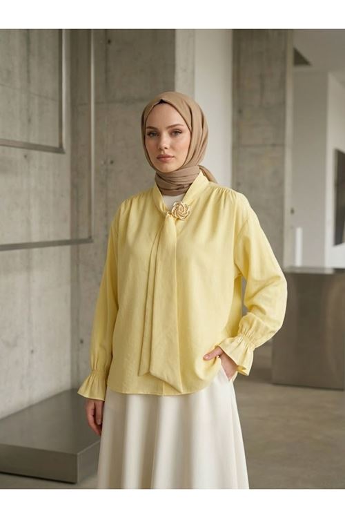 TUN05986-SRI Yaka Kuşak Aksesuar Detay Tunik-Sarı