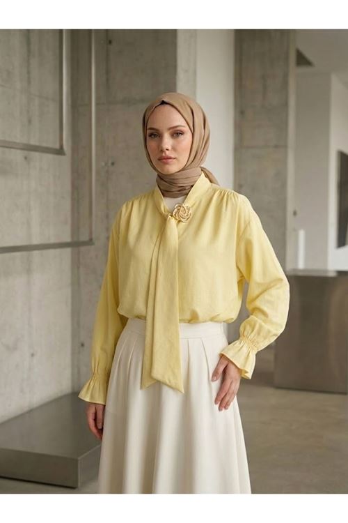 TUN05986-SRI Yaka Kuşak Aksesuar Detay Tunik-Sarı