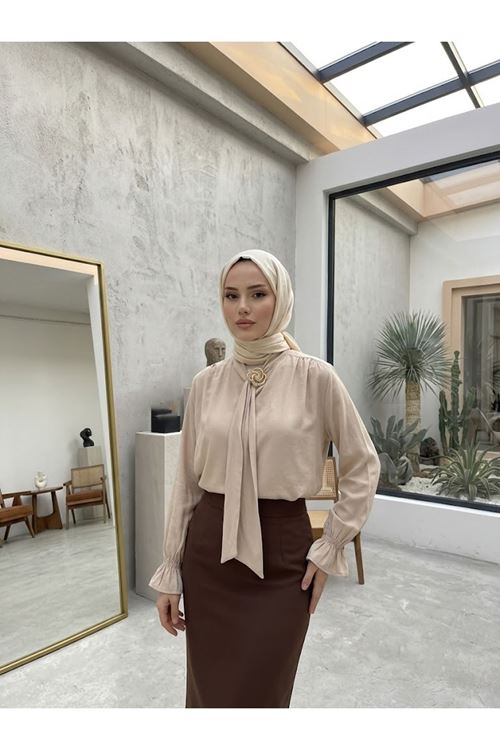 TUN05986-TAŞ Yaka Kuşak Aksesuar Detay Tunik-Taş