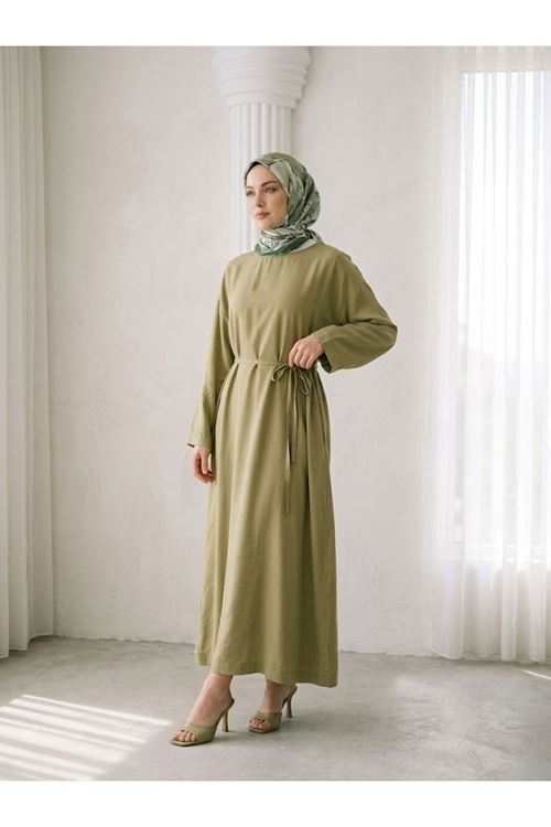 ELB04156-HKİ Kupra Elbise-Haki