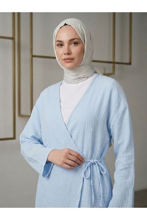 PİT00521-MAV Yan Bağlamalı Müslin Takım-Mavi
