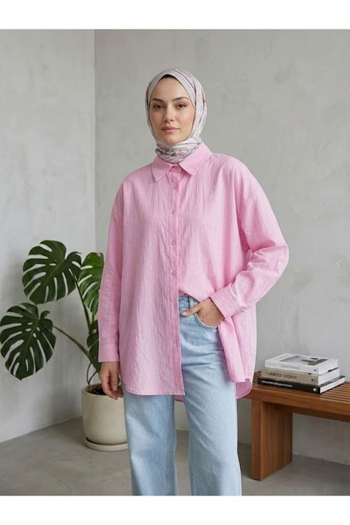 TUN05952-PMB Kendinden Çizgili Tunik-Pembe
